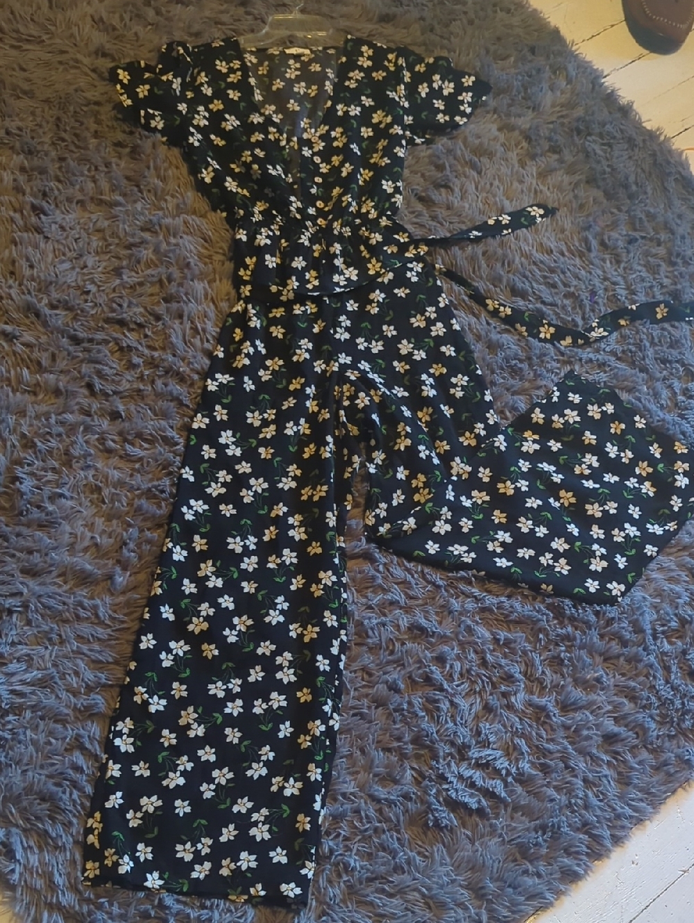 C Black Floral V-Neck Jumpsuit with White Flowers